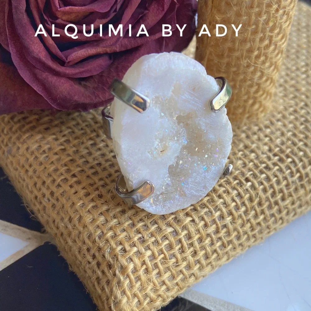 Alquimia raw and druzy white Quartz silver statement ring - Picture 1 of 8